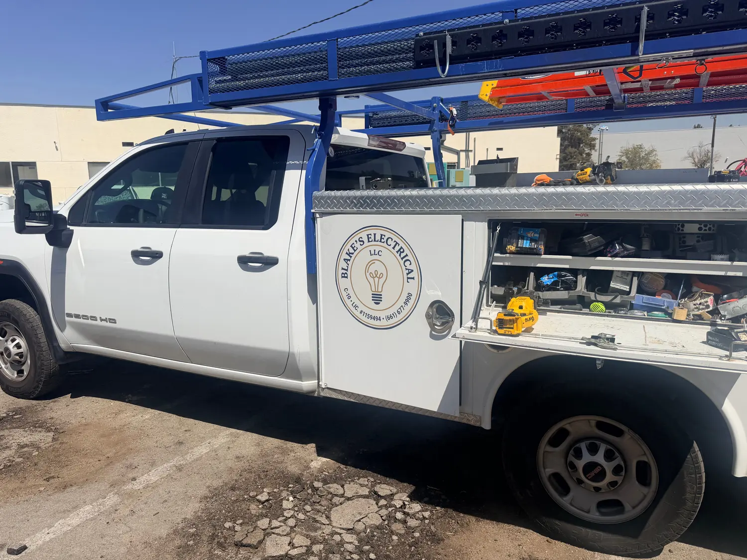 The Blake's Electrical service truck, racked and stocked, at a job site in Bakersfield, California.